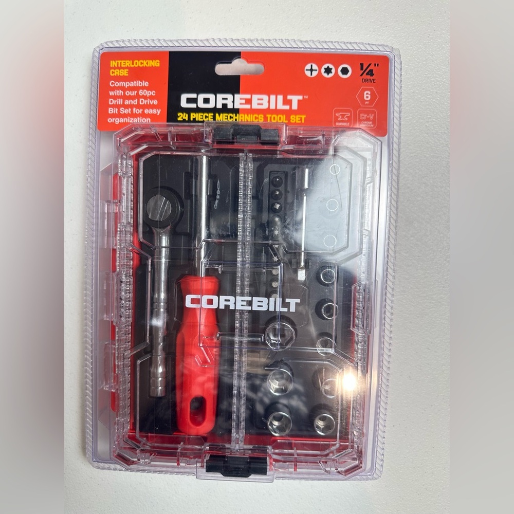 COREBILT 24 Piece Mechanics Tool Set Ratchet Screwdriver Socket Extension Bar